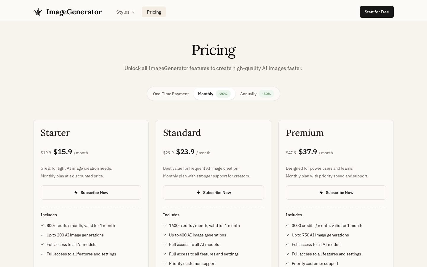 ImageGenerator Pricing