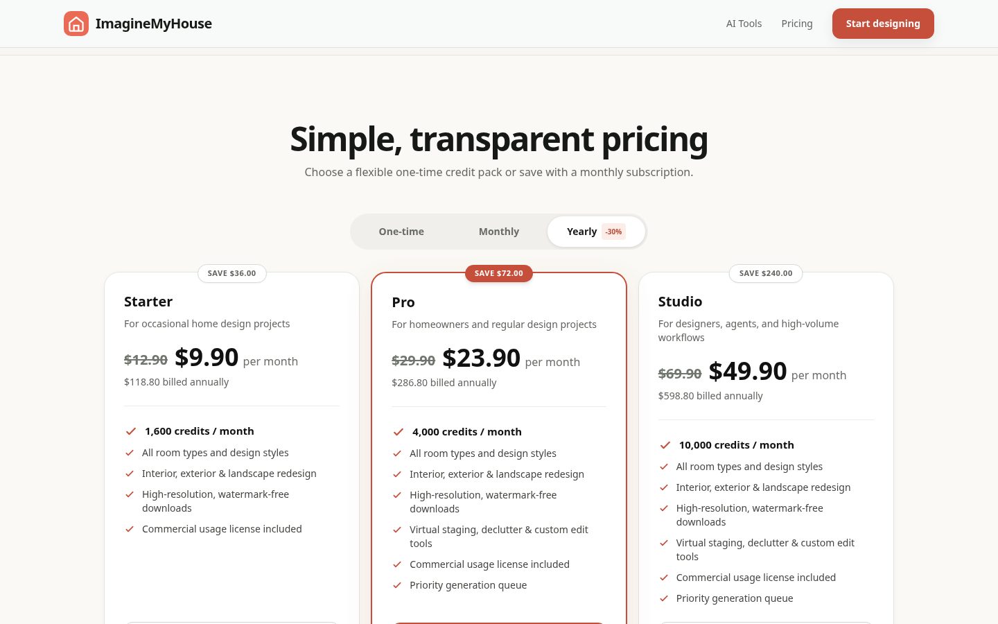 ImagineMyHouse Pricing