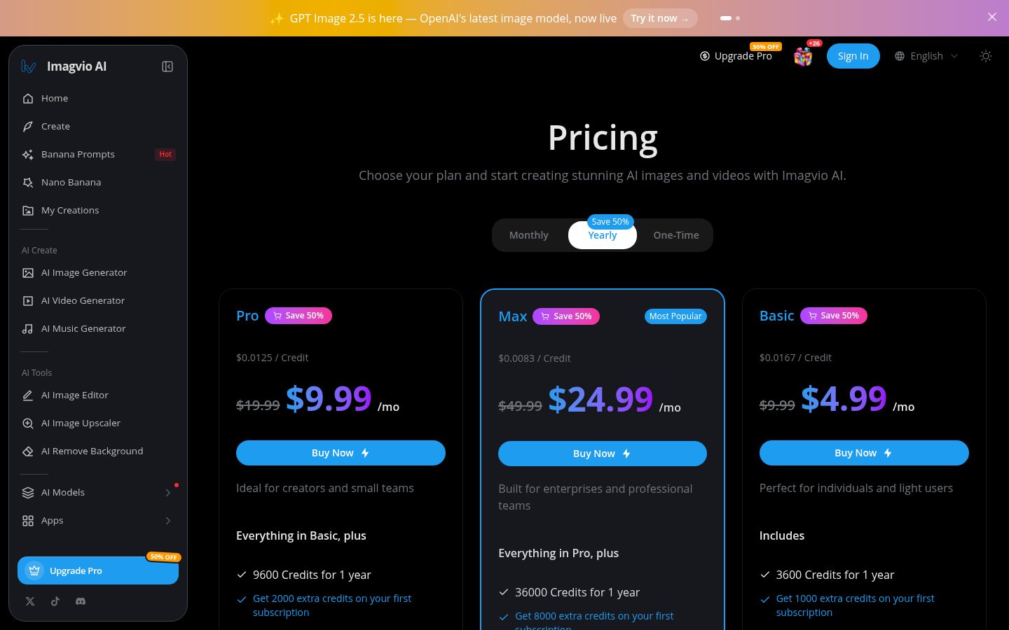 Imagvio AI Pricing