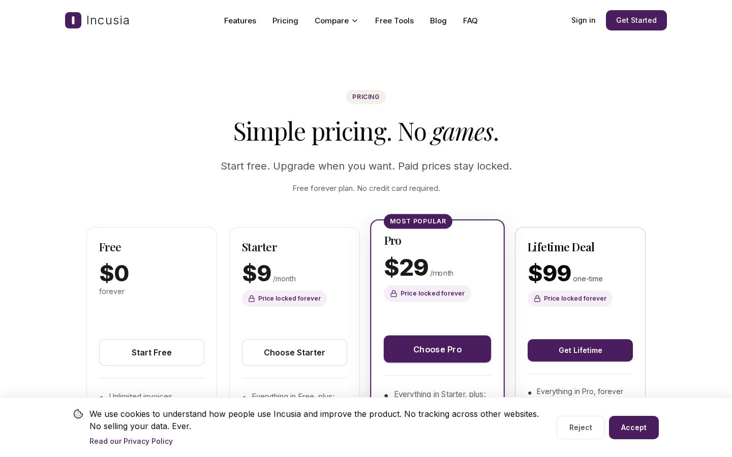 Incusia Pricing