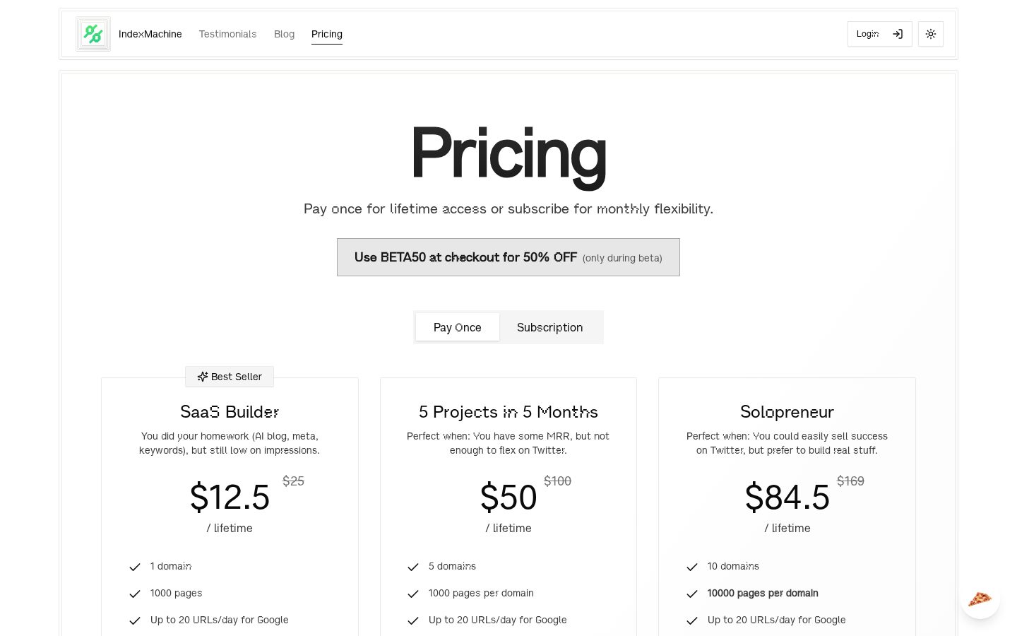 IndexMachine Pricing