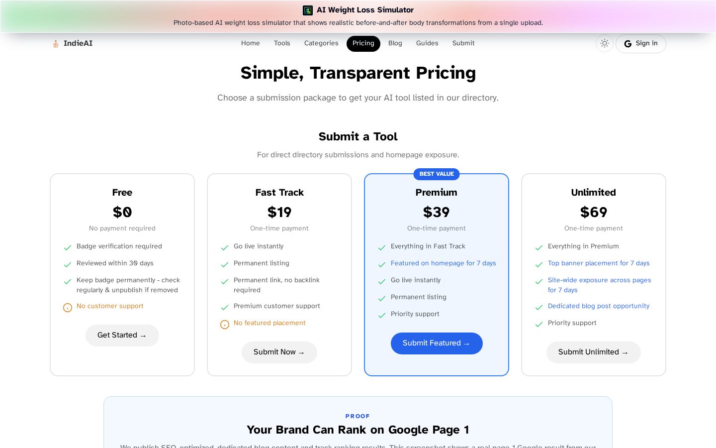IndieAI Directory Pricing