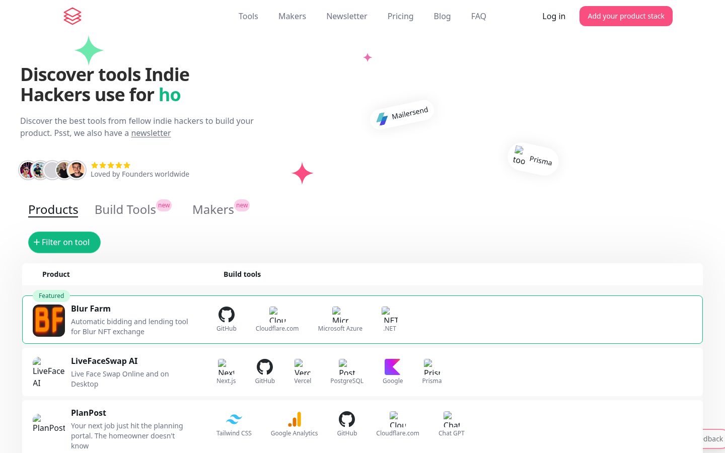 IndieHackerStacks Homepage