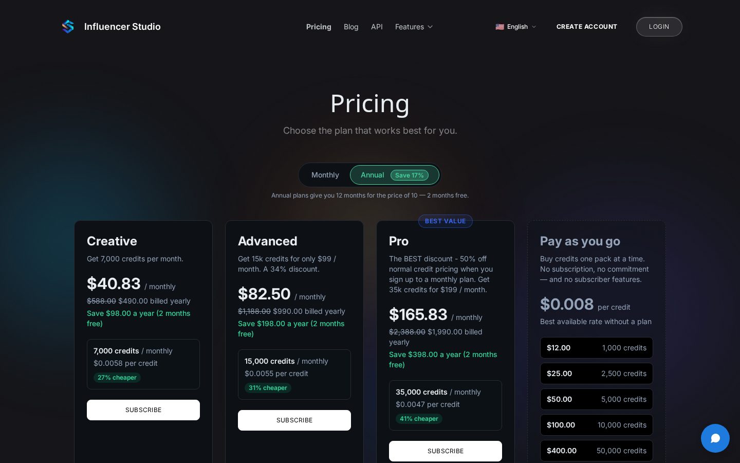 Influencer Studio Pricing