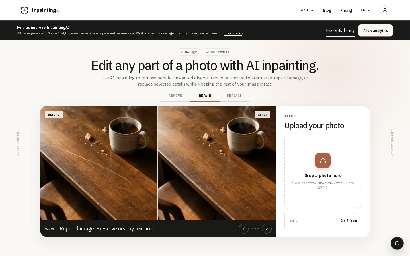 InpaintingAI Homepage
