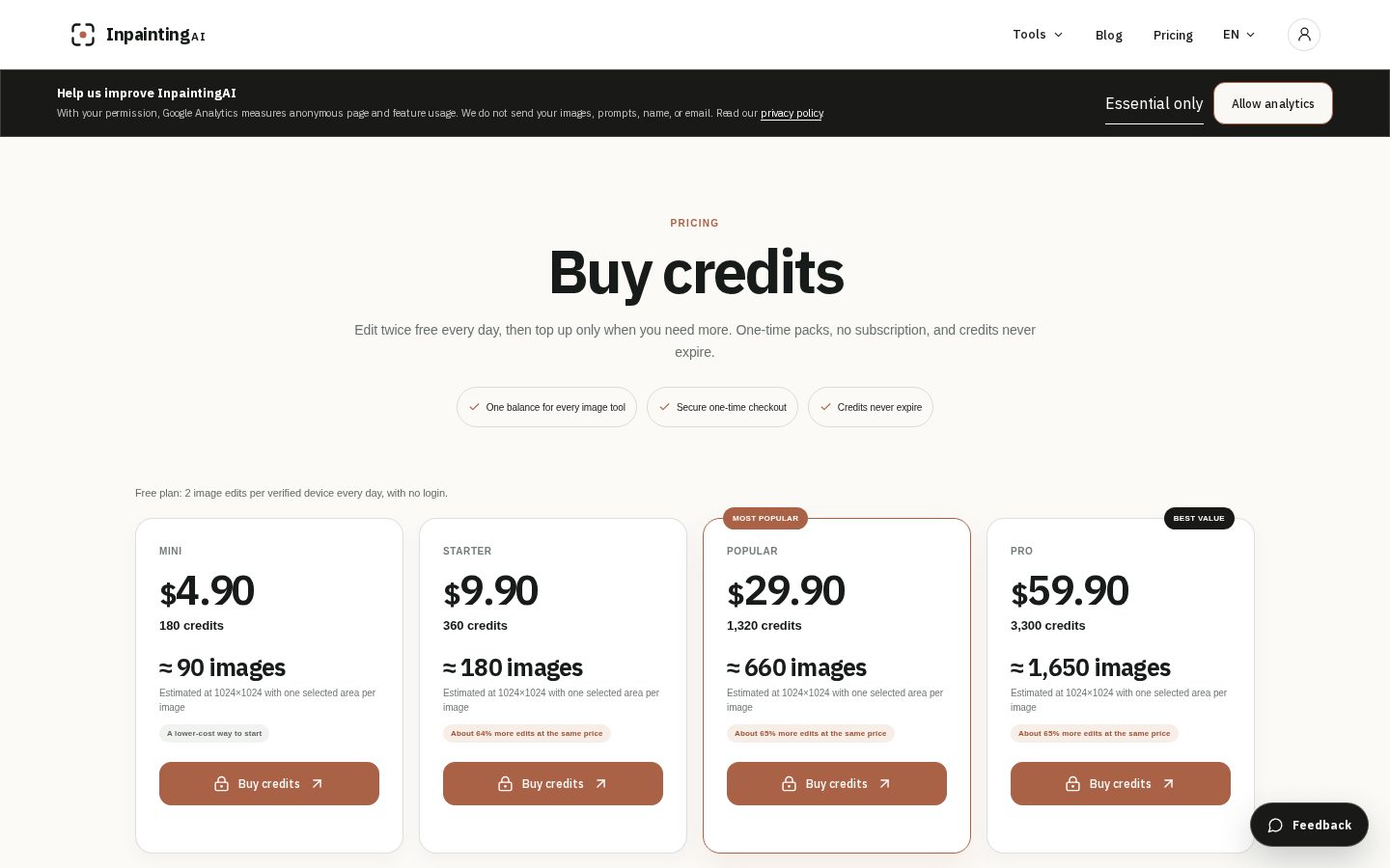 InpaintingAI Pricing