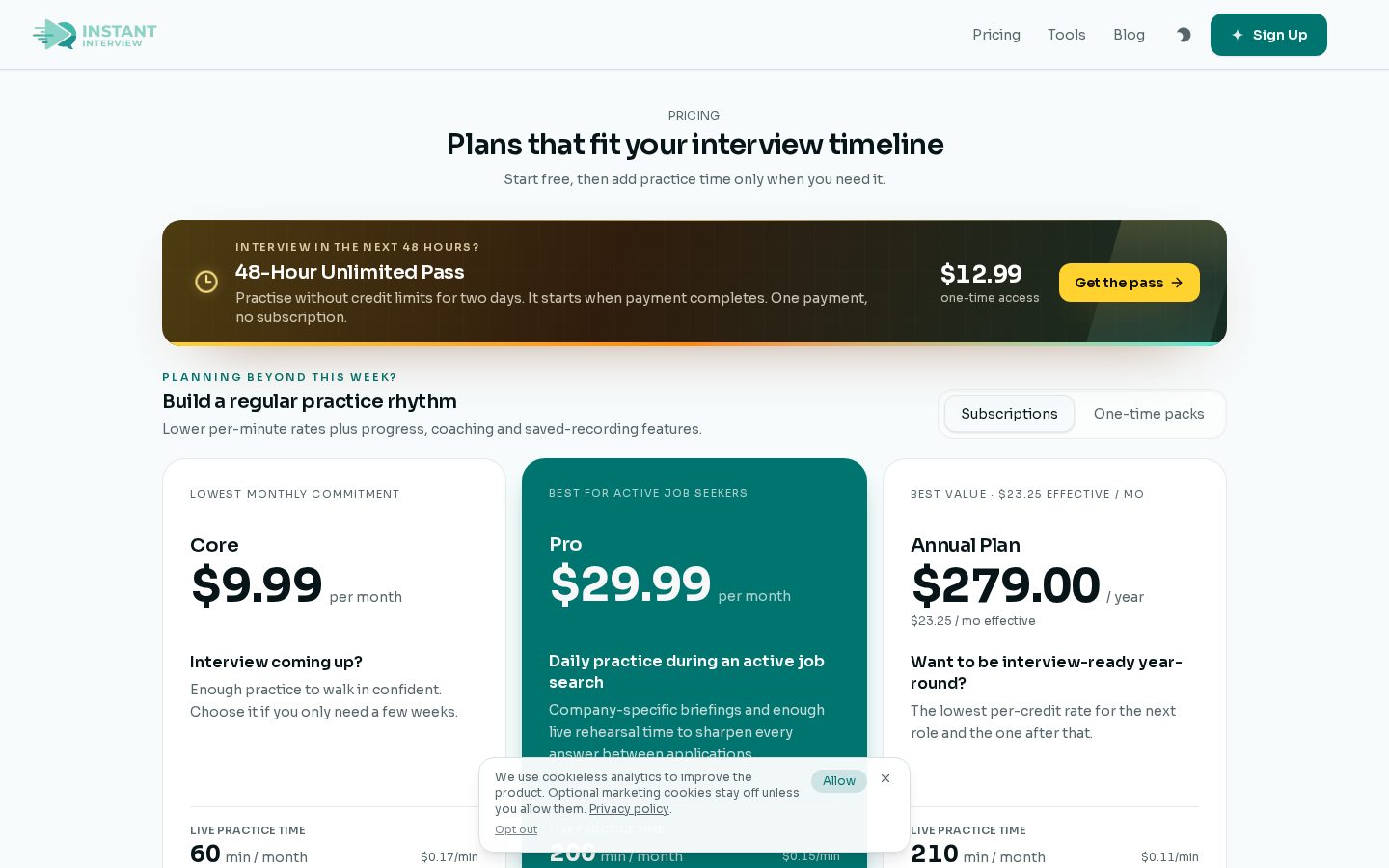Instant Interview Pricing