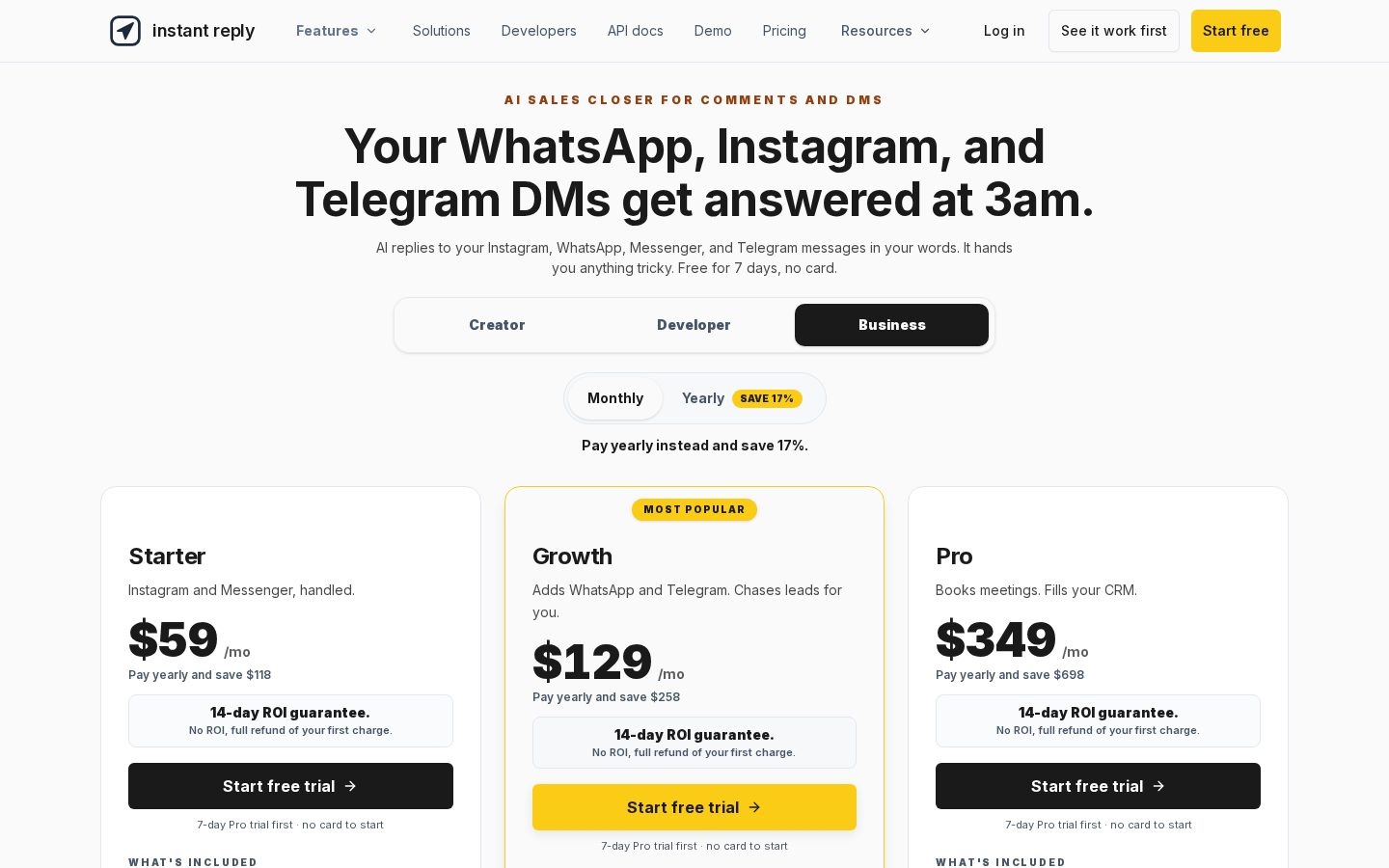 Instant Reply Pricing