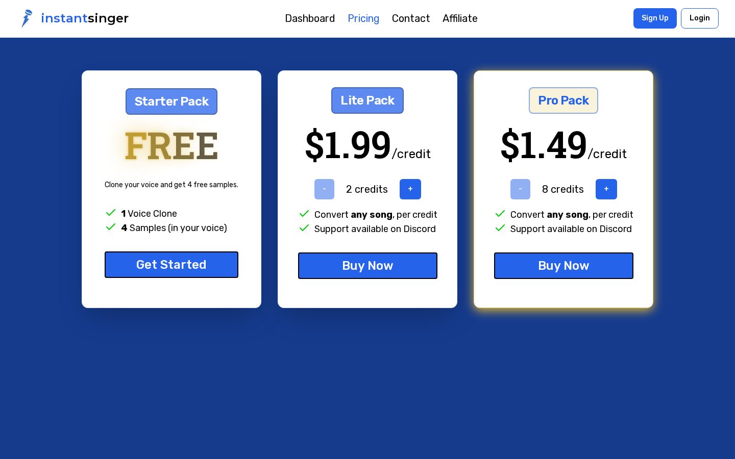 Instant Singer Pricing