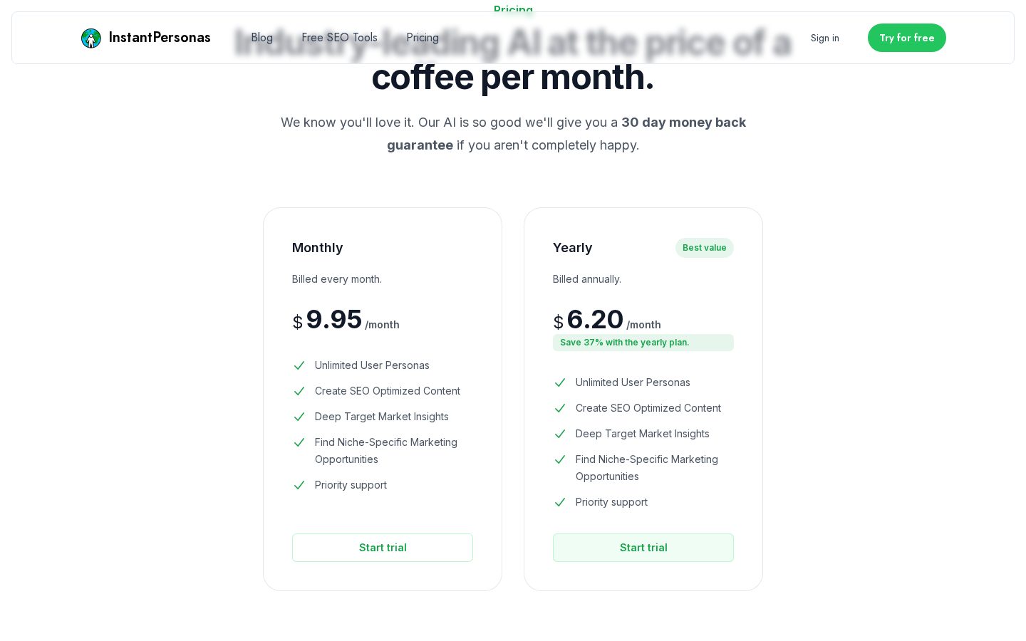 InstantPersonas Pricing