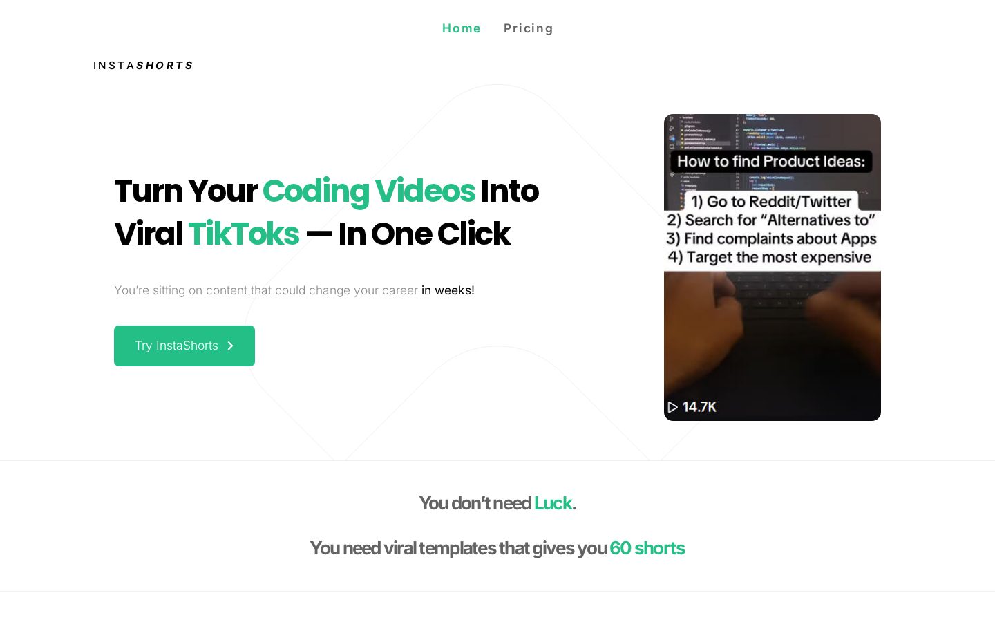 InstaShorts Homepage