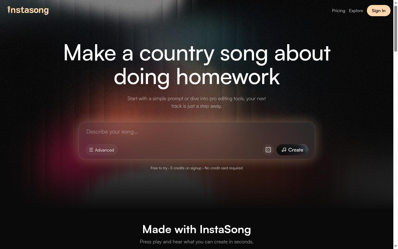 InstaSong - AI song and beat maker Homepage