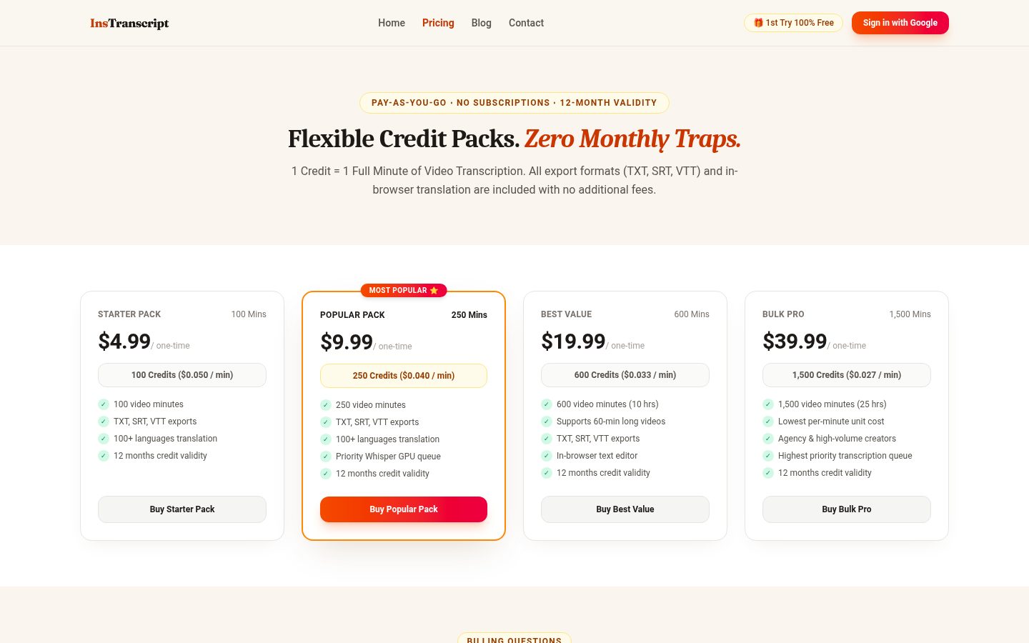 InsTranscript Pricing