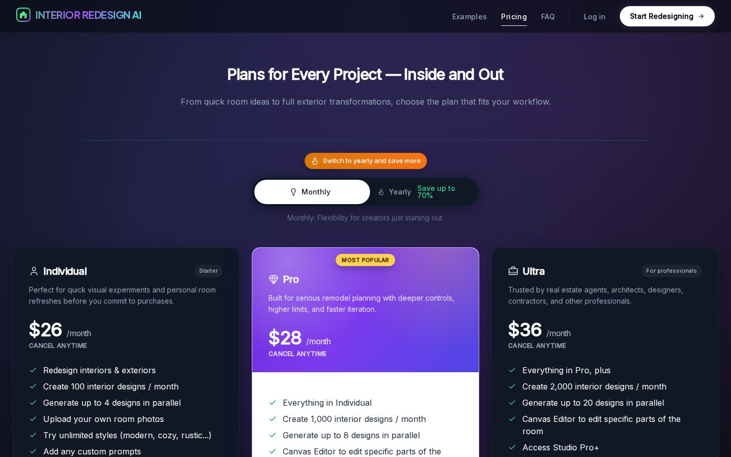 Interior Redesign AI Pricing