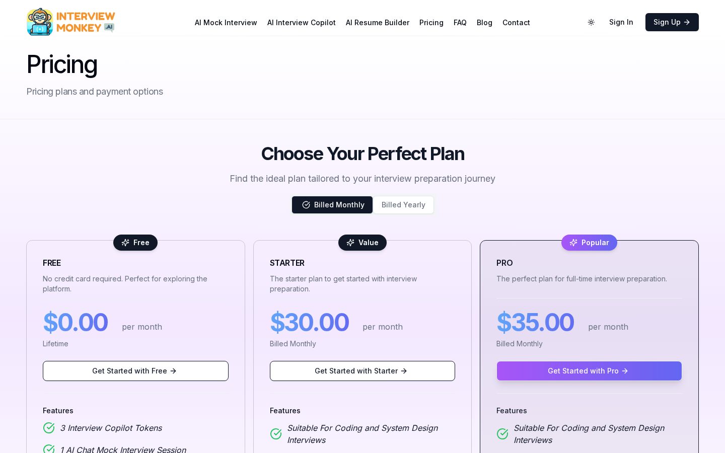 Interview Monkey AI Pricing