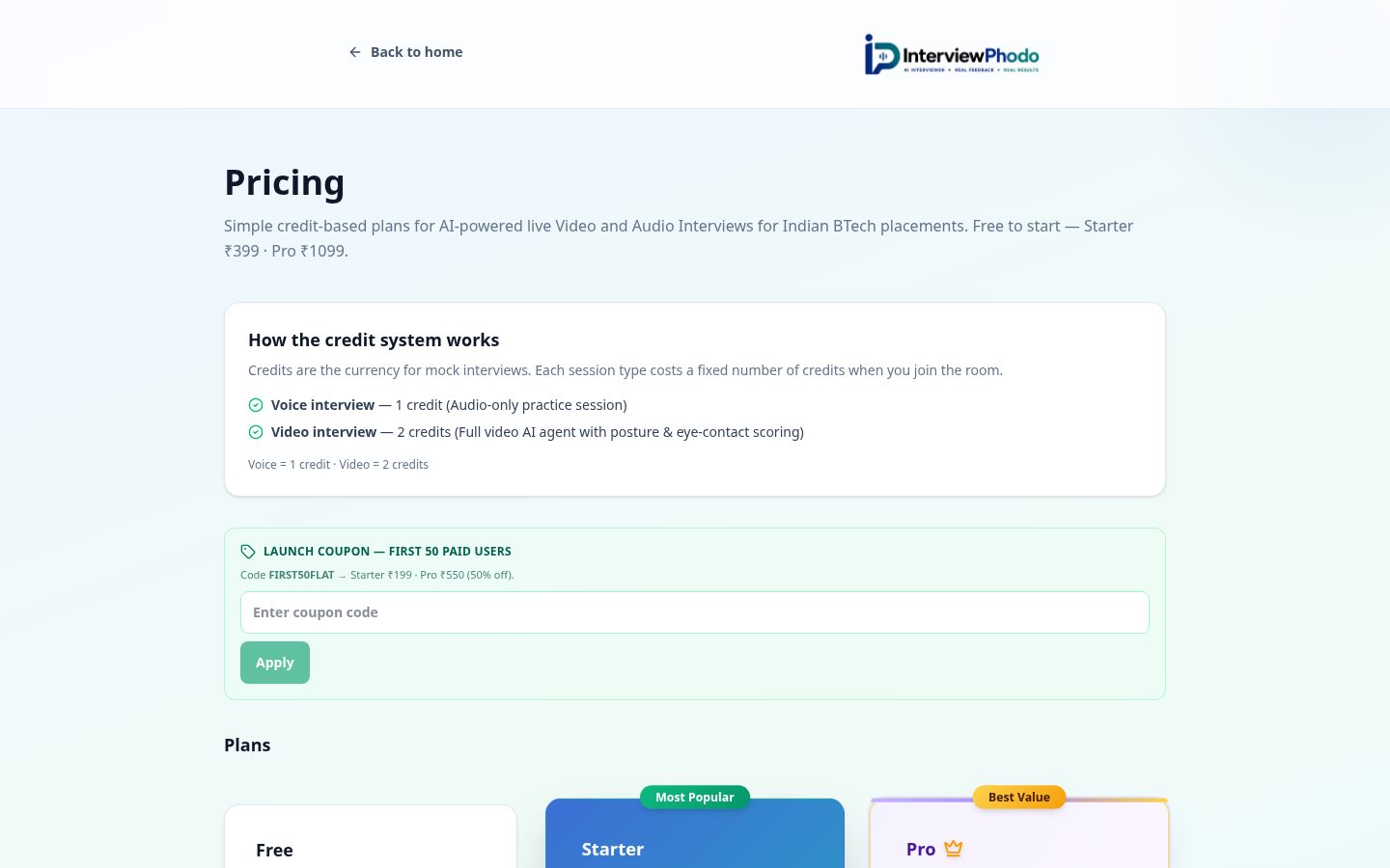 InterviewPhodo Pricing
