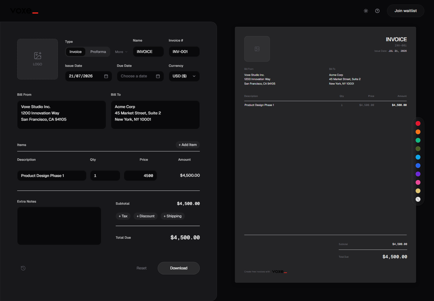 Invoice Generator homepage