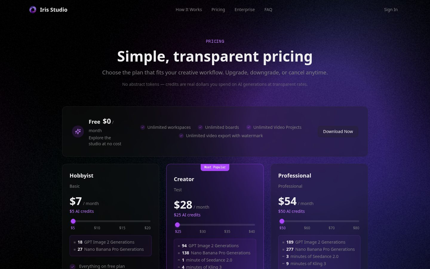 Iris Studio Pricing