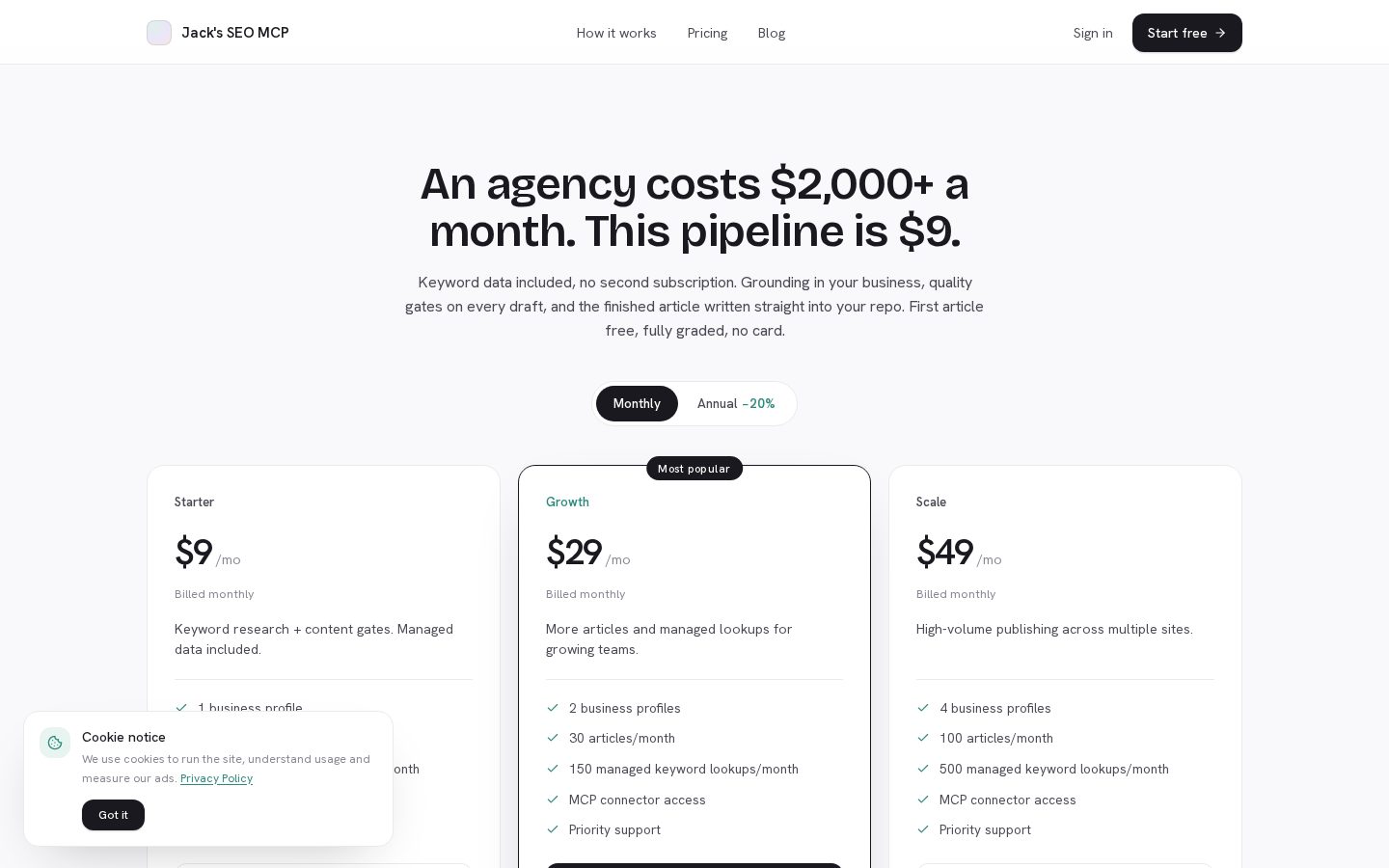 Jack's SEO MCP Pricing
