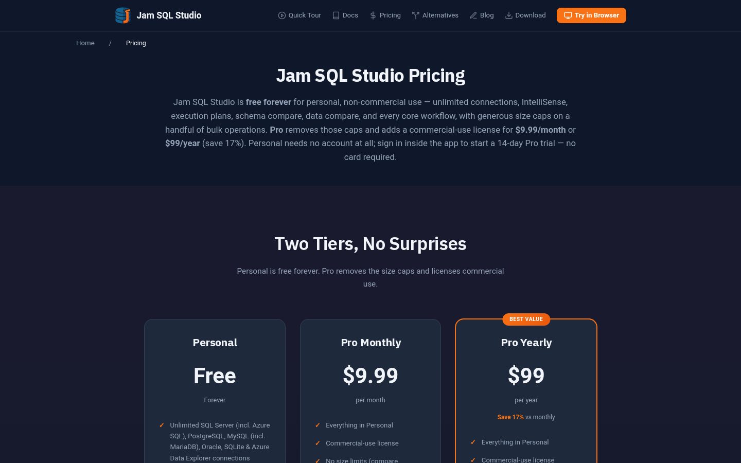 Jam SQL Studio Pricing