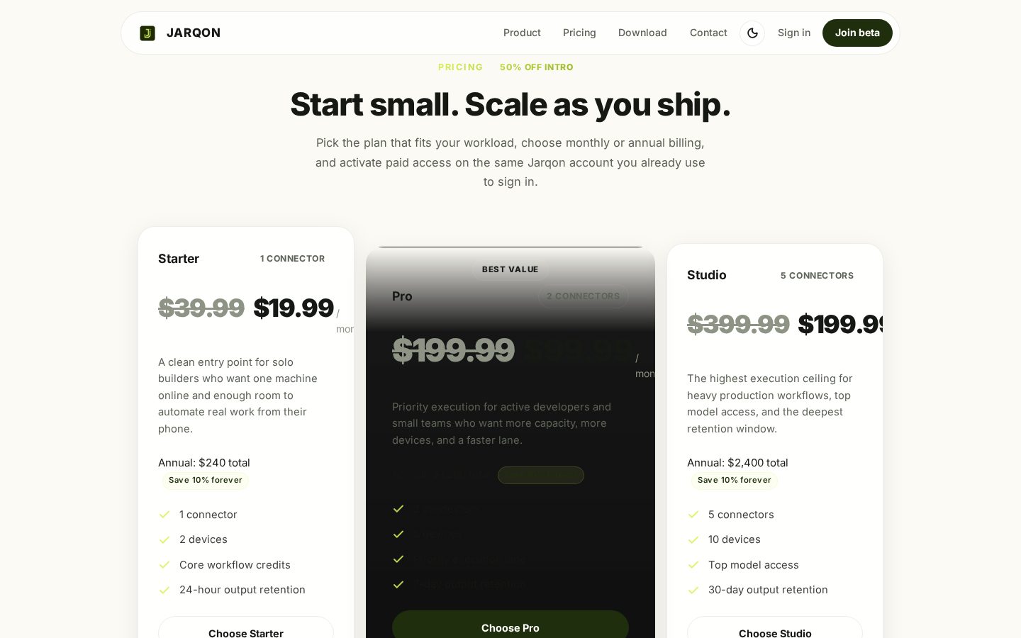 Jarqon Pricing