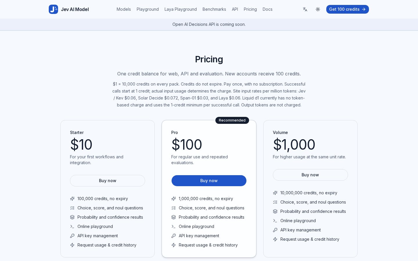 Jev AI Model Pricing
