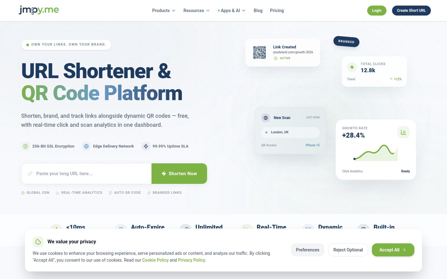Jmpy.me Branded short links & Analytics Homepage