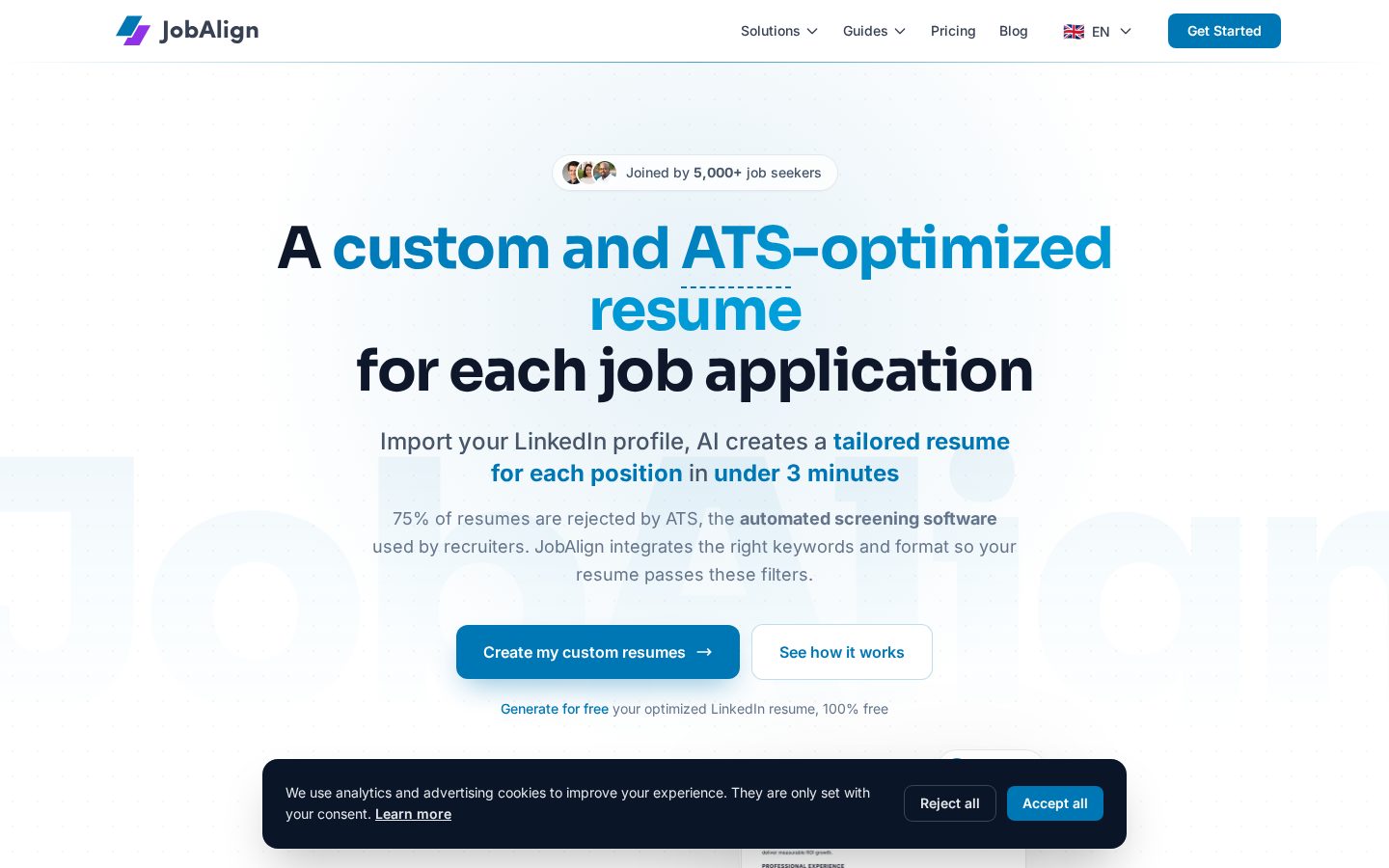 JobAlign LinkedIn Resume Generator Homepage