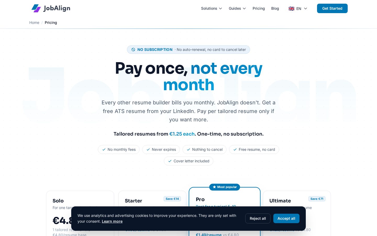 JobAlign LinkedIn Resume Generator Pricing