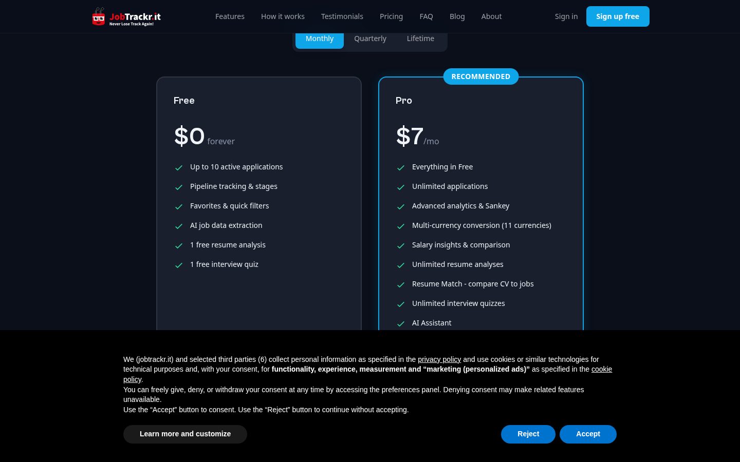 JobTrackr.it Pricing