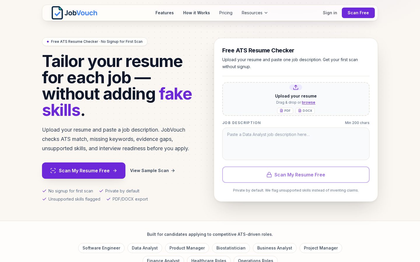 JobVouch AI Resume Tailoring Homepage