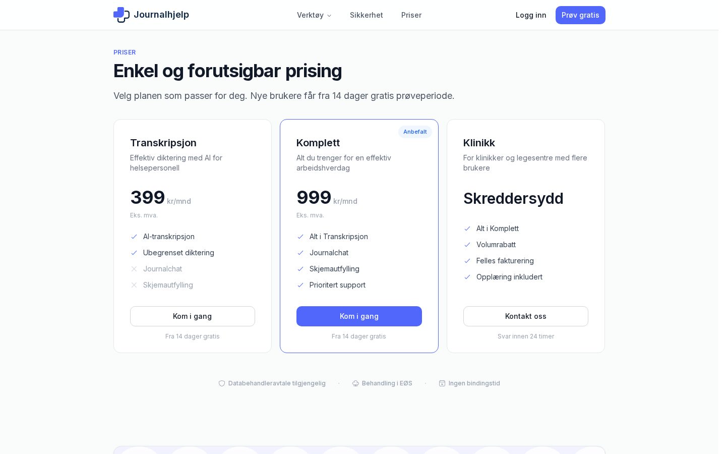 Journalhjelp Pricing