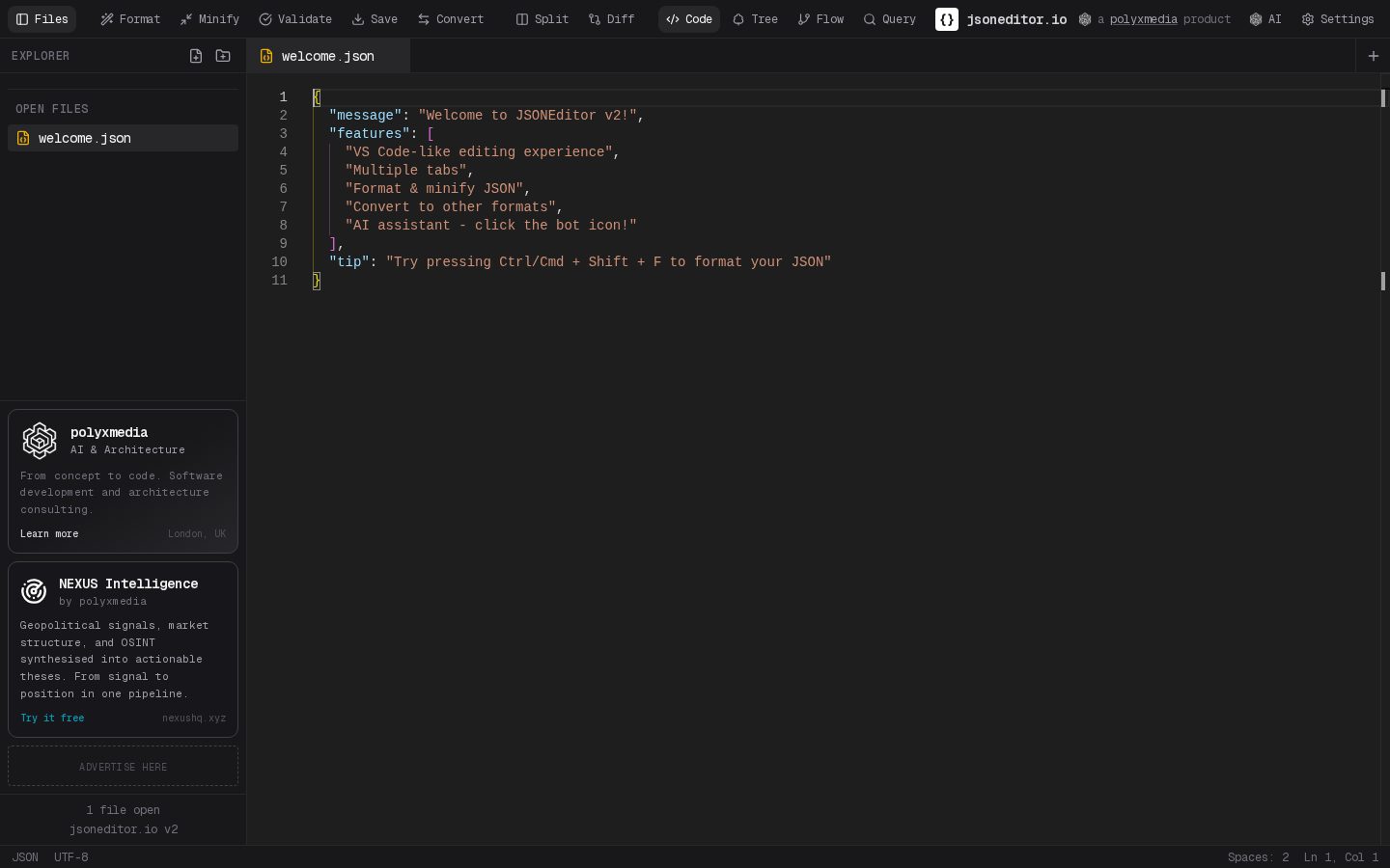 JSON Editor Online Homepage