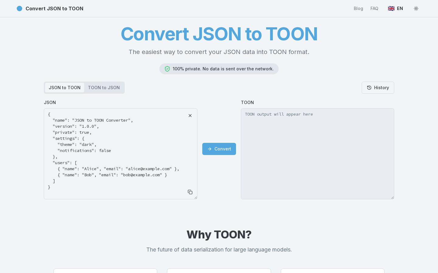 JSON to TOON Converter Homepage
