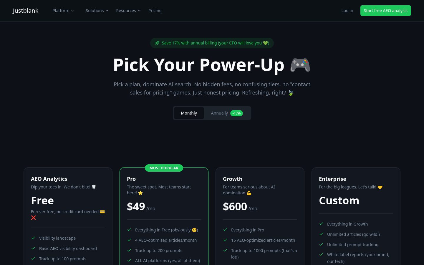 Justblank Pricing