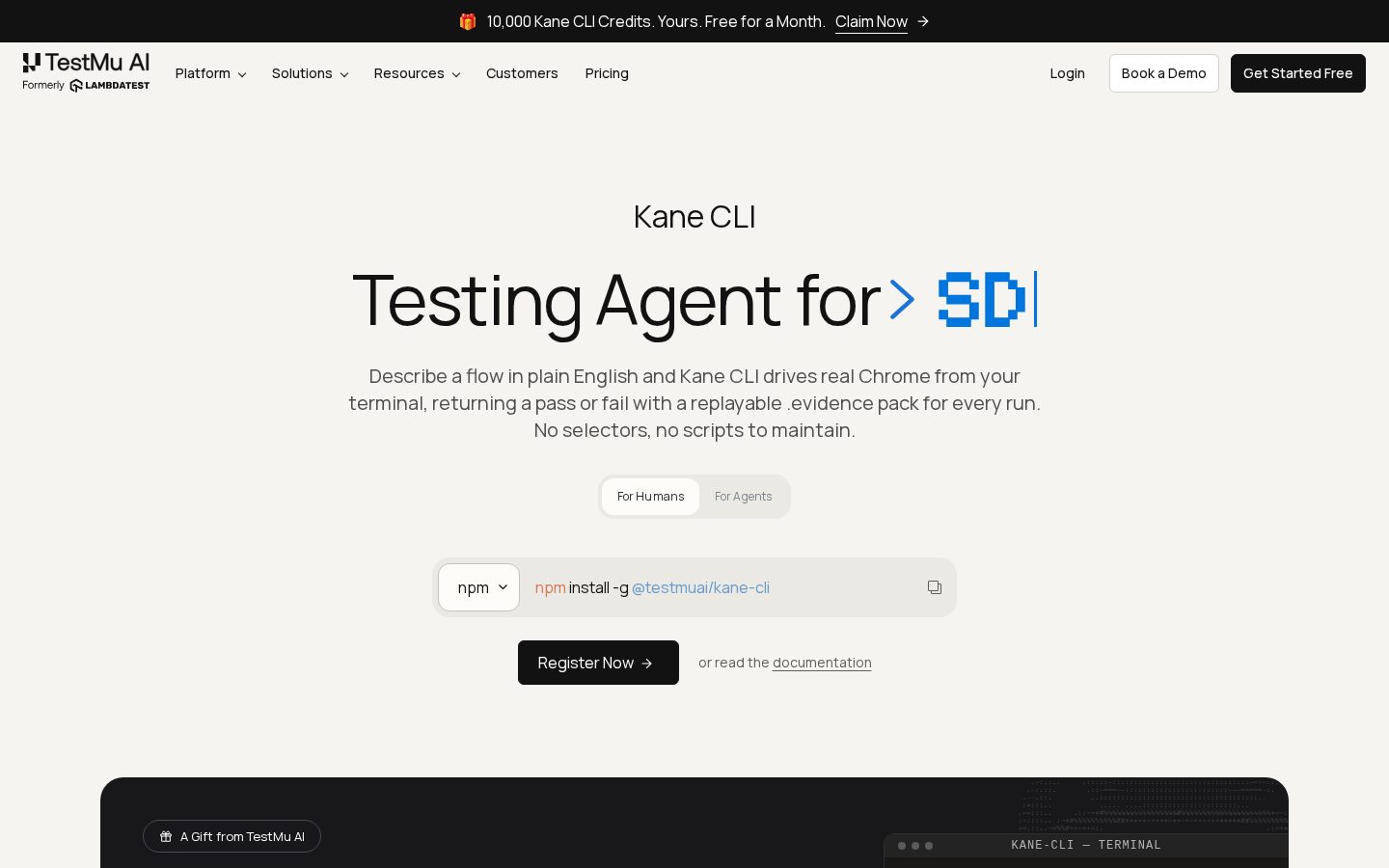 Kane CLI by TestMu AI Homepage