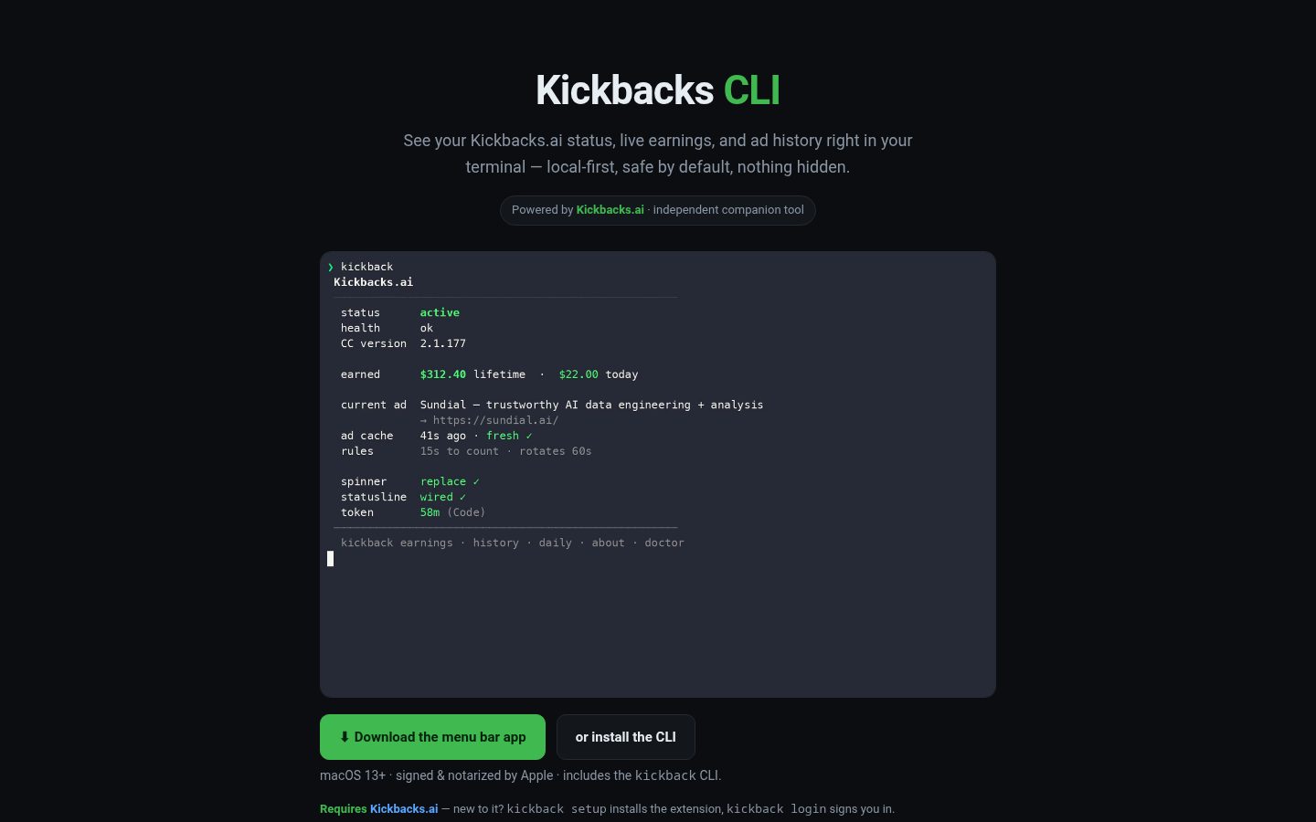 Kickbacks CLI Homepage