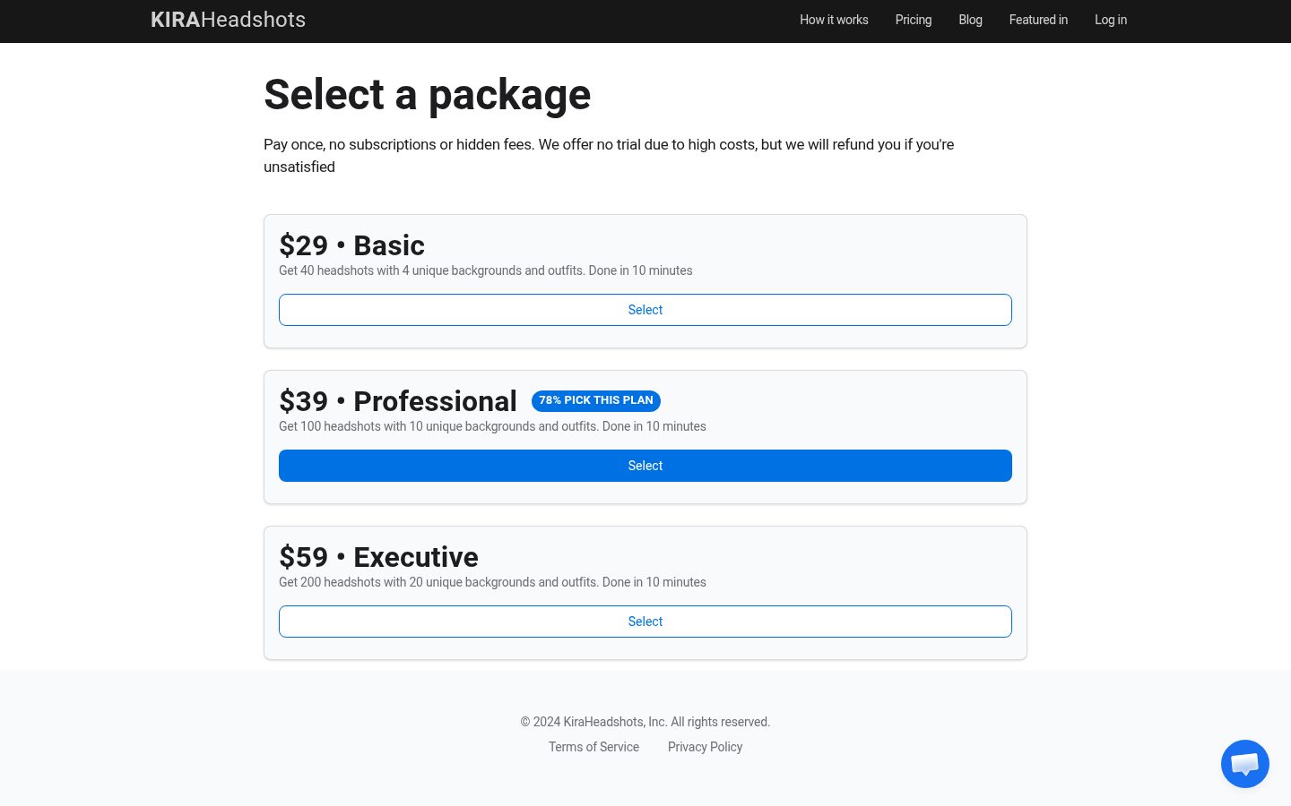 KiraHeadshots Pricing