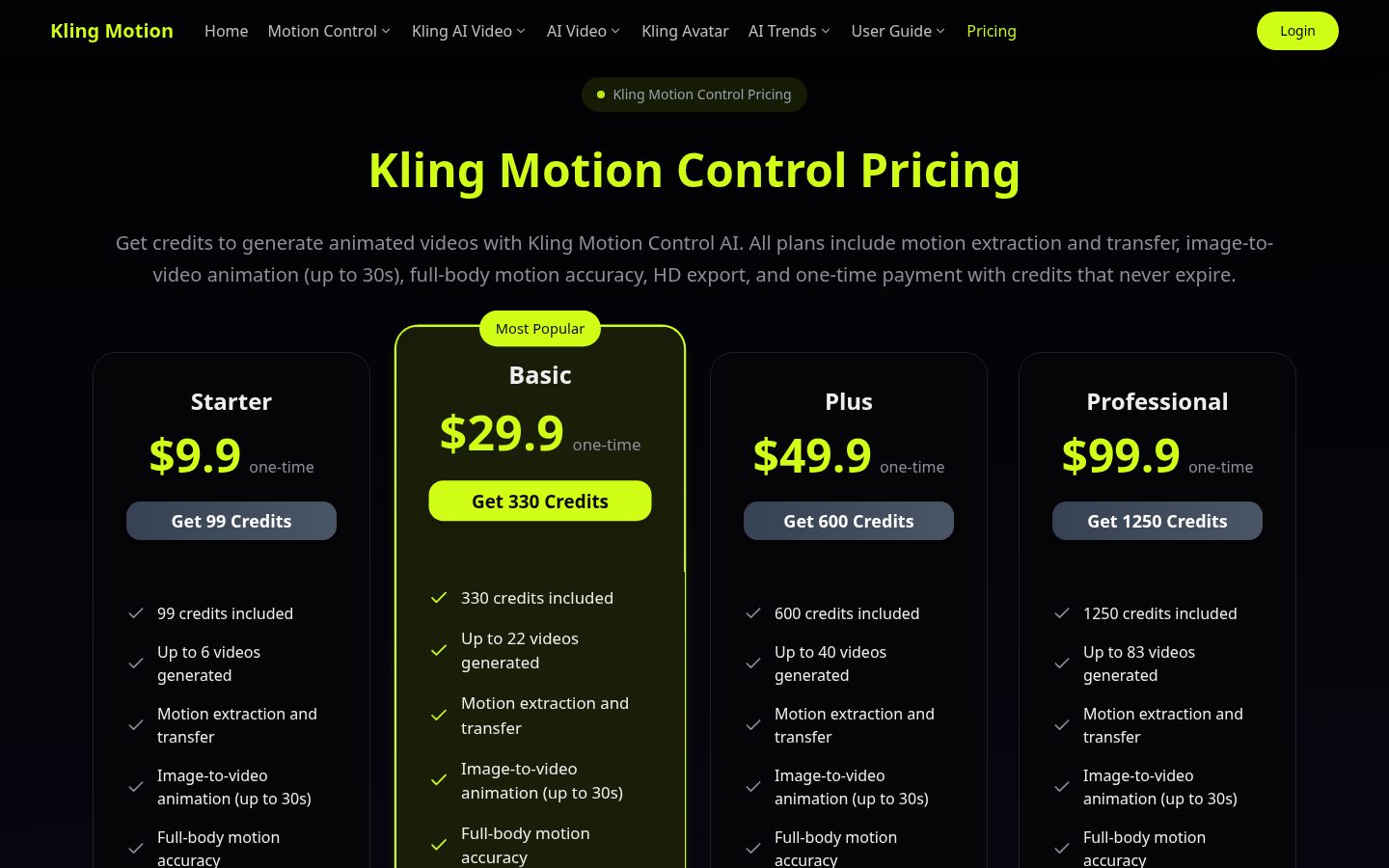 Kling Motion Control Pricing