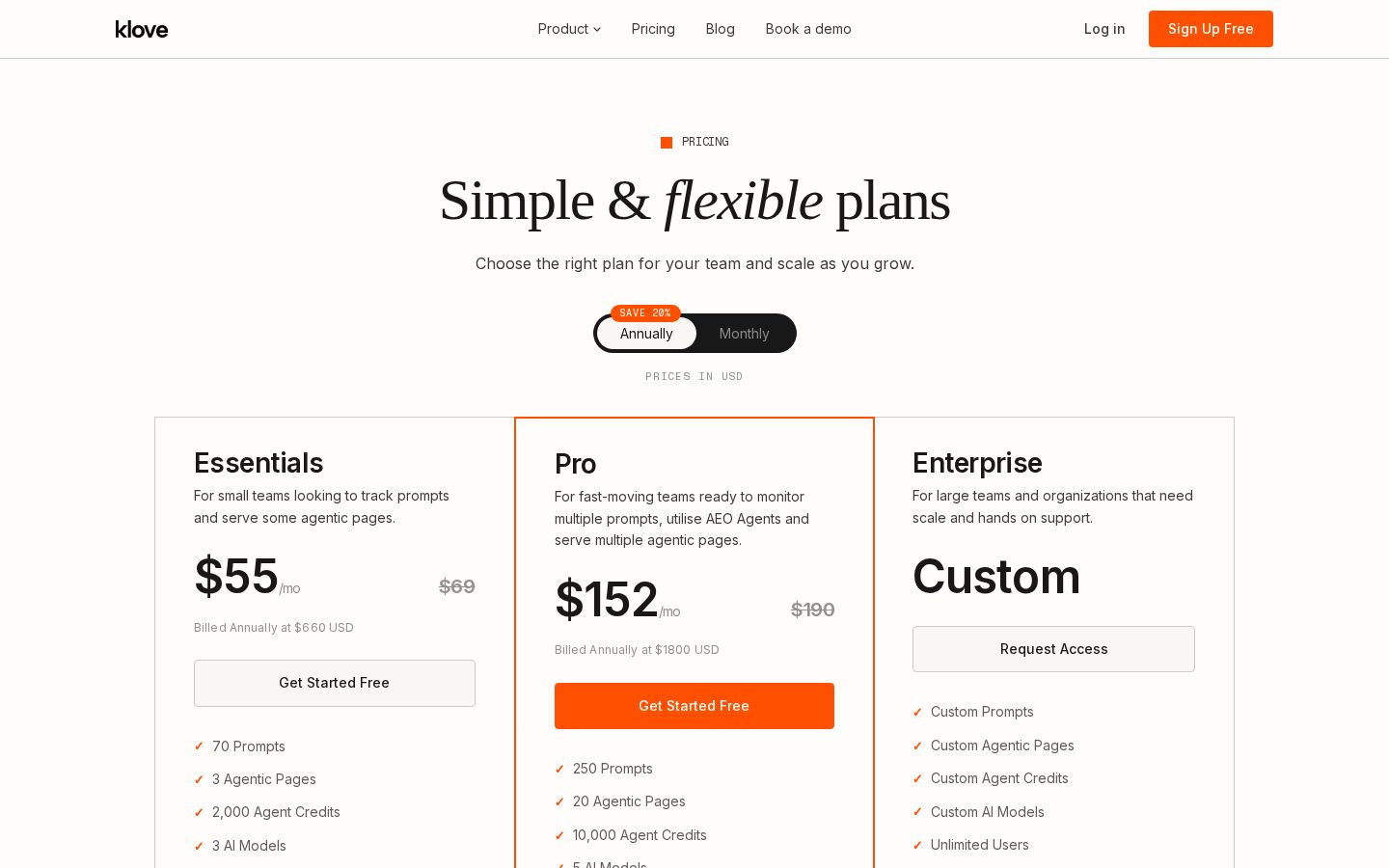 Klove Pricing