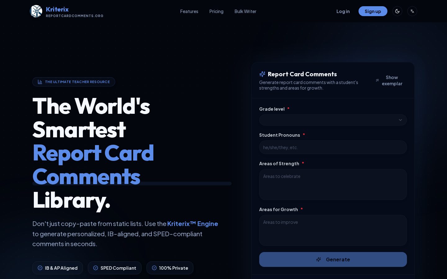 Kriterix AI Report Card Generator Homepage