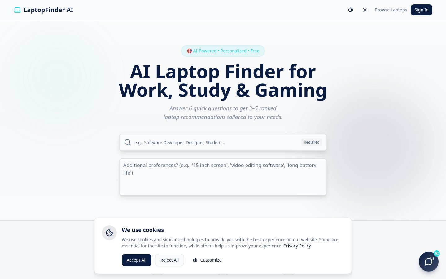 LaptopFinder AI Homepage