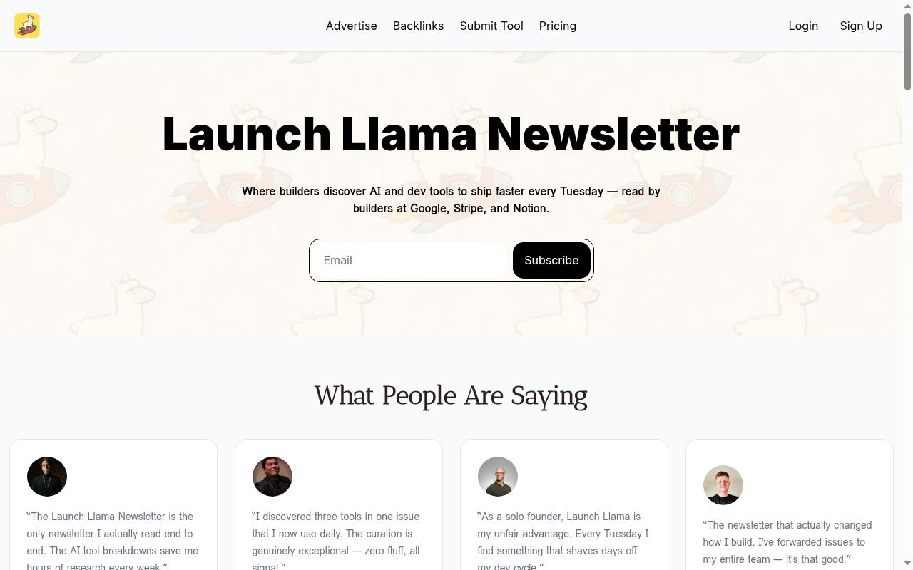 Launch Llama Newsletter Homepage