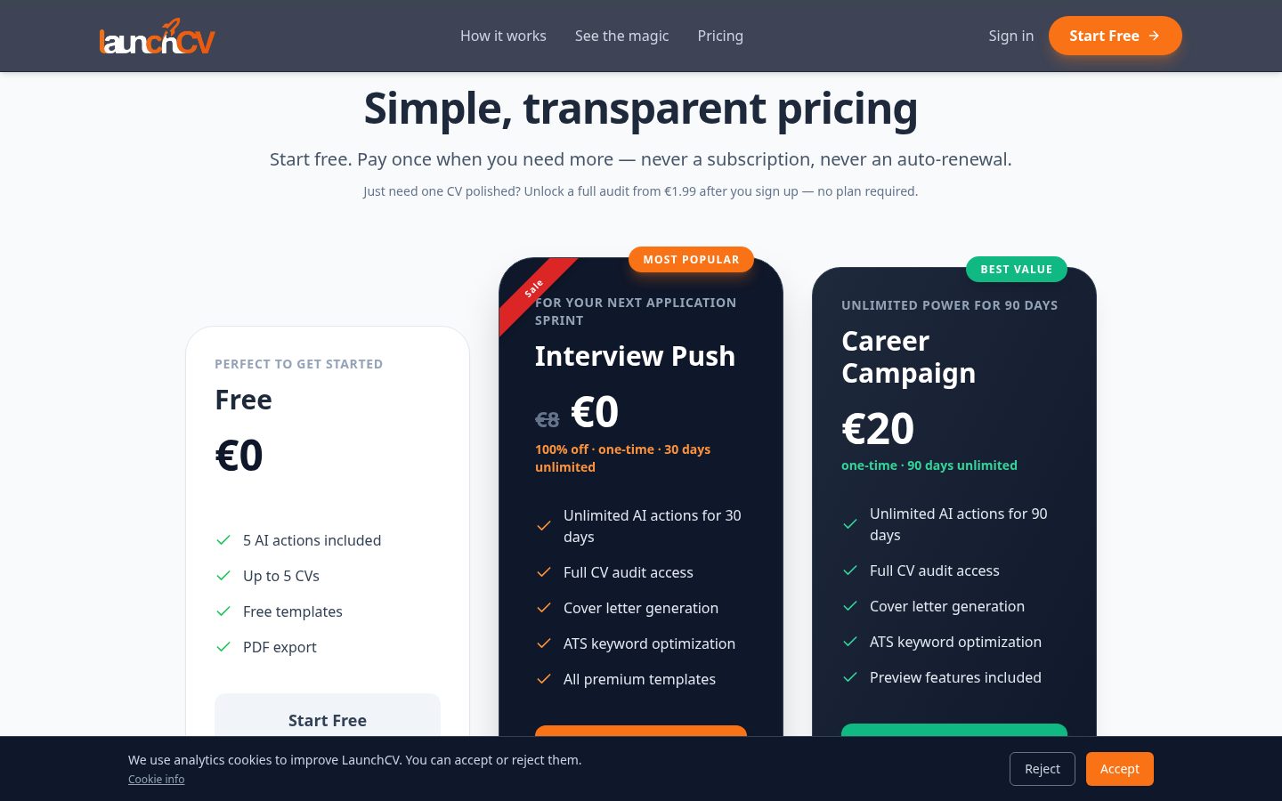 LaunchCV Pricing