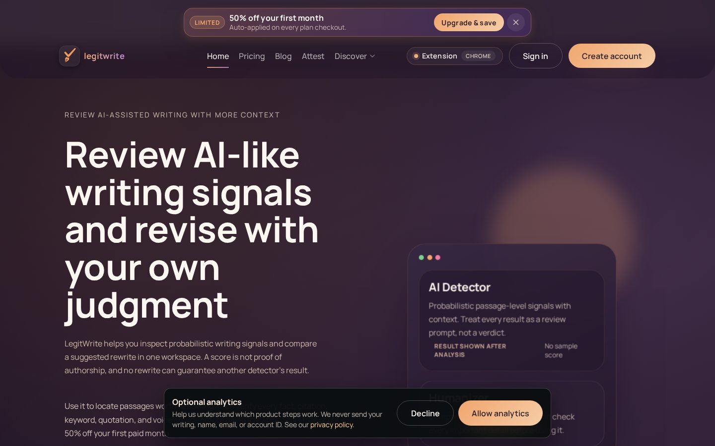 LegitWrite- Detect & Humanize AI Content Homepage