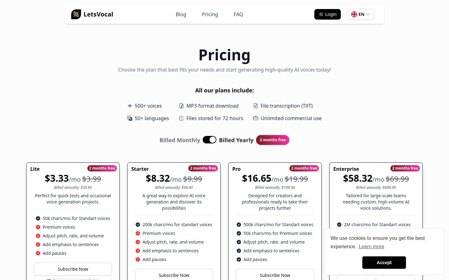 Lets Vocal Pricing