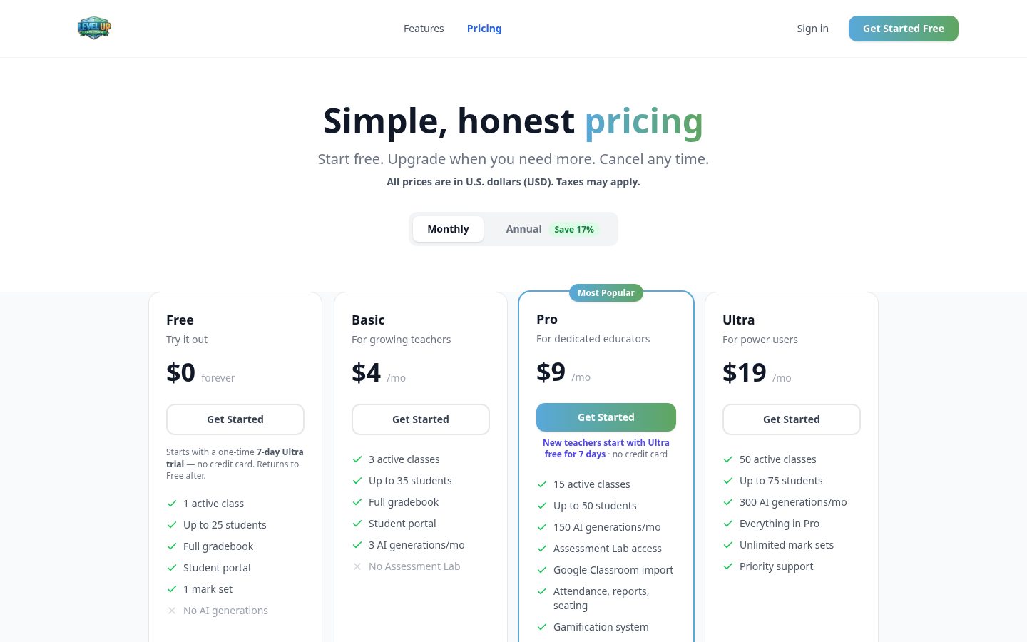 Level Up Classroom Pricing