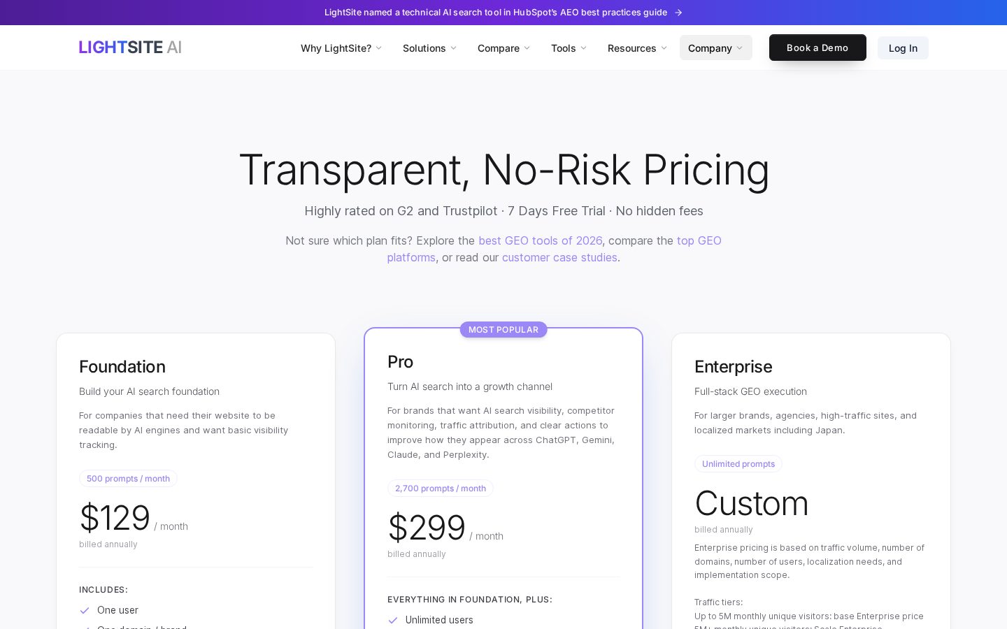 LightSite AI GEO Platform Pricing