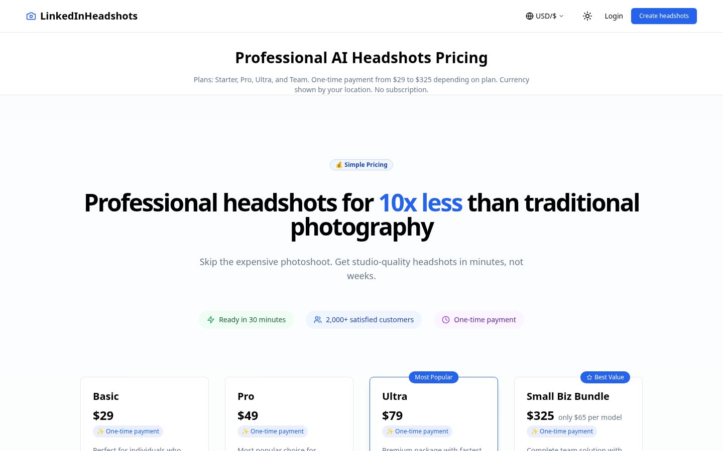 LinkedinHeadshots Pricing