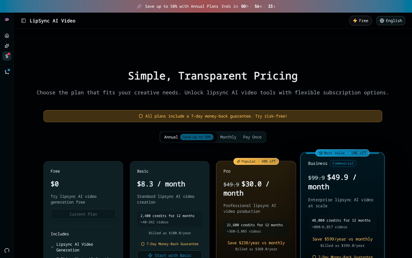 LipSync AI Video Pricing